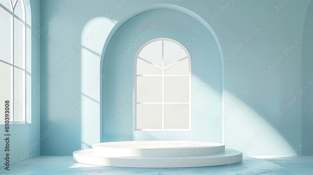 3D rendering of a podium mockup in a pastel blue and white colored background with an arched window, interior design for a product presentation scene in the style of arch window. 3D rendering of a podium mockup in a pastel blue and white colored background with an arched window, interior design for a product presentation scene in the style of arch window.