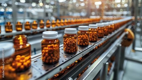 Pharmaceutical Manufacturing Facility: Rows of Medicine Bottles Showcasing Industry Production photo