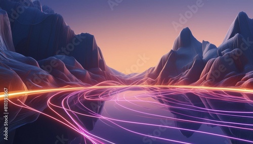 3d render. Surreal fantasy landscape under the sunset sky. Abstract panoramic background. Rocky mountains and glowing neon lines in motion. Floating energy concept #810393667