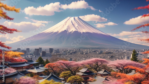 high quality, 8K Ultra HD, masterpiece, realistic photo, wash technique, colorful, pale touch, smudged outline, stunning Tilt-Shift Photo, mount Fuji, crowded, diorama effect, awesome full sharp color