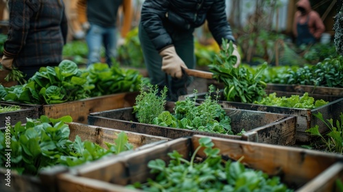 Sustainable Urban Living: Fresh Harvest from Wooden Raised Beds in Community Garden