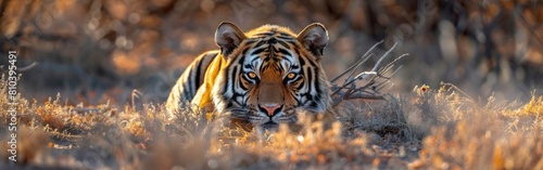 African Wildlife Safari: Majestic Tigers Resting in Namibian Park - Panoramic Banner Landscape photo