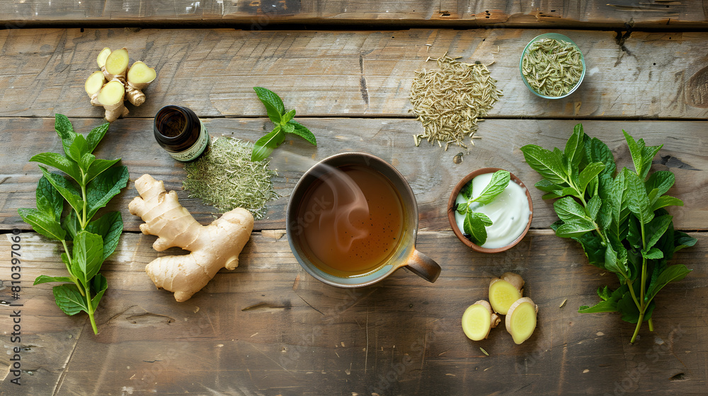 Natural Remedies for Upset Stomach Arranged on a Rustic Wooden Table - Herbal Tea, Ginger, Fennel Seeds, Yogurt, Peppermint Oil, and Mint Leaves
