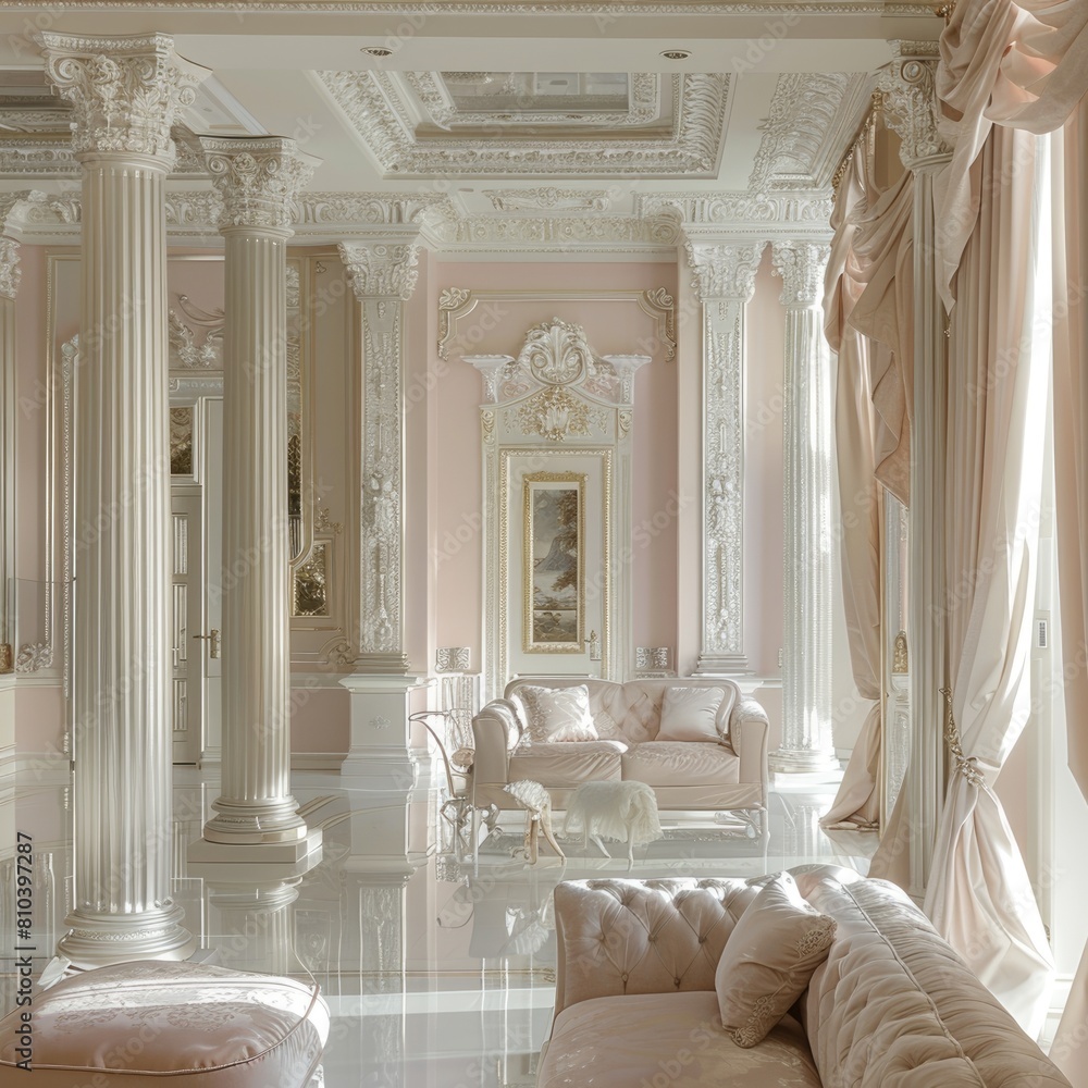 Exquisite Neo-classical reception room with pastel and silver tones