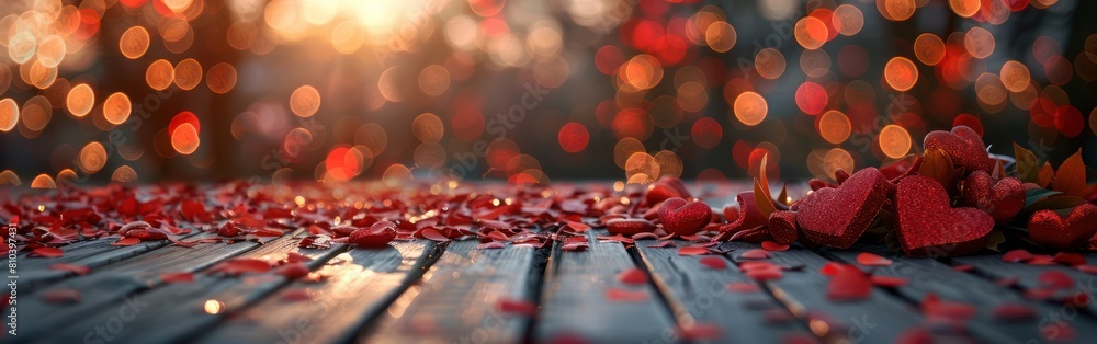 Romantic Valentine's Day Greeting Card with Glittering Hearts and Bokeh Lights on Empty Wooden Table - Love Concept Background Banner Romantic Valentine's Day Greeting Card with Glittering Hearts and Bokeh Lights on Empty Wooden Table - Love Concept Background Banner