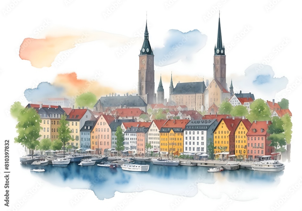 Sweden Country Landscape Watercolor Illustration Art