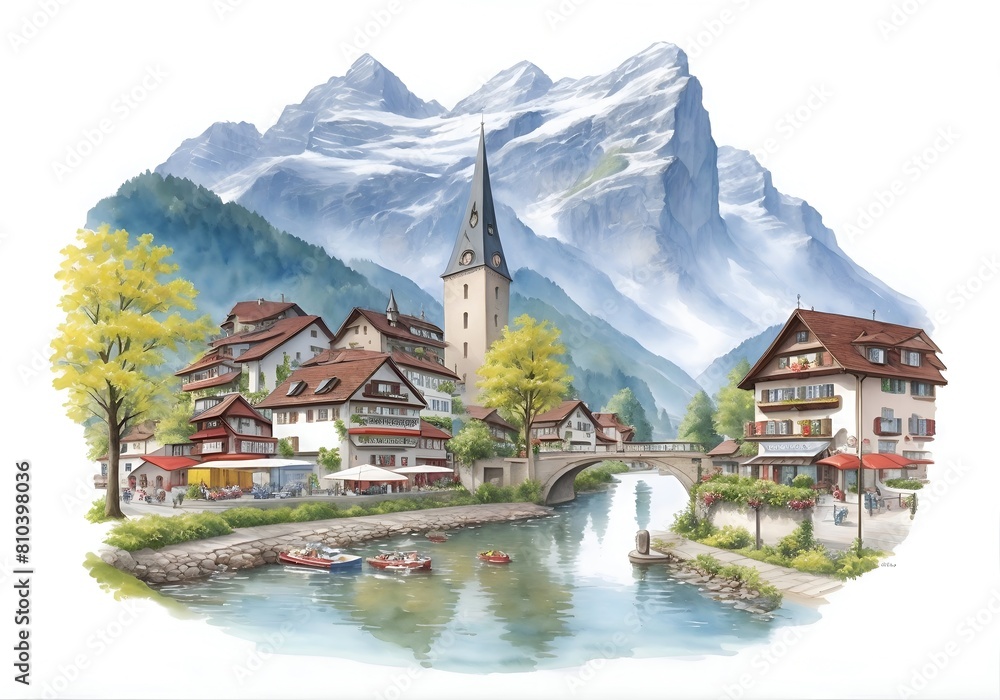 Fototapeta premium Switzerland Country Landscape Watercolor Illustration Art
