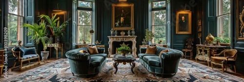 Lavish Edwardian drawing room with emerald and gold accents