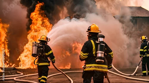 Einsatzkräfte der Feuerwehr versuchen einen Großbrand zu löschen photo
