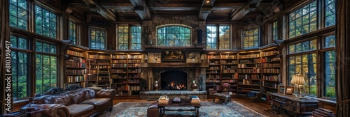 Luxurious Tudor-style library with rare manuscripts