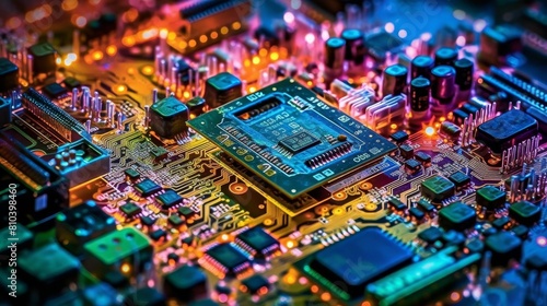 Intricate electronic circuit board with colorful components