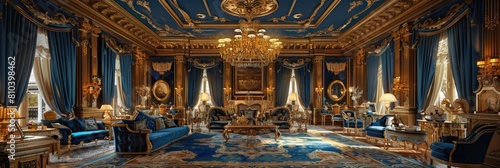 Luxurious Victorian-style salon with royal blue and gold decor