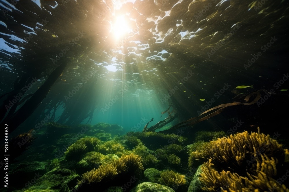 Underwater scene with sunlight shining through the water Underwater scene with sunlight shining through the water
