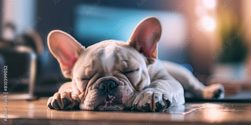cute French Bulldog dog sleeping on the table in office, generative AI
