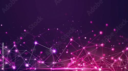 An abstract configuration of pink and purple glowing dots connected by laser-like lines across a dark violet background with a designated text area along the bottom edge