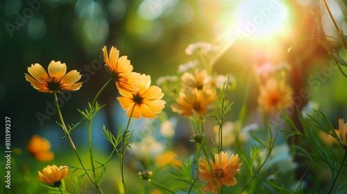 Beautiful close-up of vibrant orange cosmos flowers bathed in golden sunlight with a blurry green forest background creating a serene natural scene © aicandy