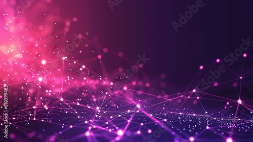 An abstract configuration of pink and purple glowing dots connected by laser-like lines across a dark violet background with a designated text area along the bottom edge
