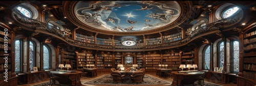 Opulent Beaux-Arts library with celestial ceiling murals