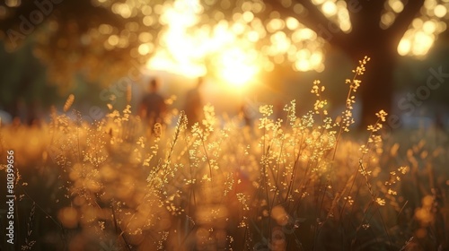 Golden sunset illuminating a serene field, capturing the delicate dance of wild grass in a soft breeze under a shimmering light