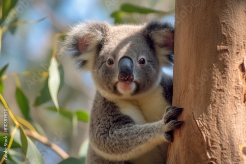 Curious koala peeking out from behind a tree trunk
