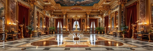 Regal Renaissance-themed ballroom with azure and golden hues