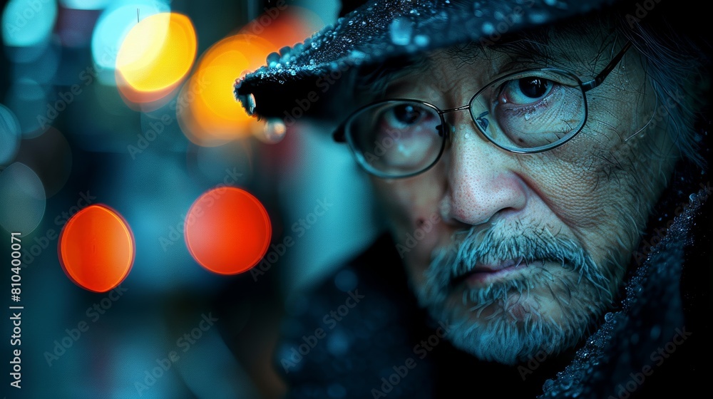 Elderly Asian Man with Glasses Wearing a Hat Seen Against a Blurry City Night Background Illuminated by Bokeh Lights Elderly Asian Man with Glasses Wearing a Hat Seen Against a Blurry City Night Background Illuminated by Bokeh Lights