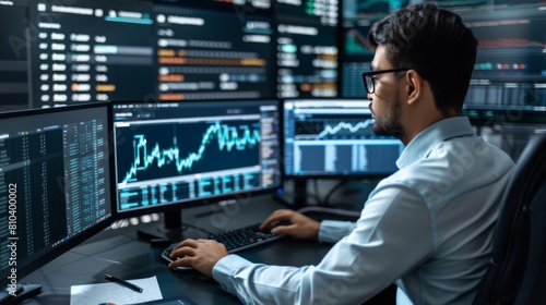 A professional young male financial analyst deeply focused while working on multiple computer screens displaying market trends and graphs in a modern office setting