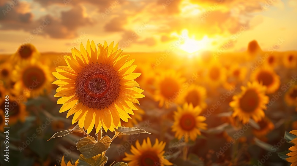 Vibrant sunflower field at sunset with golden sunlight illuminating the petals and creating a mesmerizing scenic view, perfect for backgrounds or nature themes