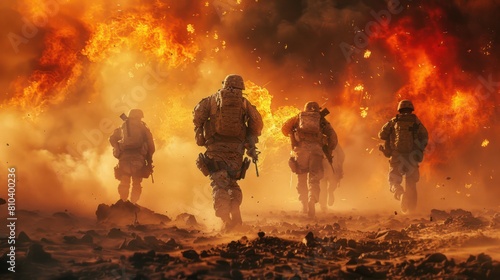 Desert Warriors: Special Forces Cross Warzone Amidst Fire & Smoke - Wide Poster Design with Copy Space photo