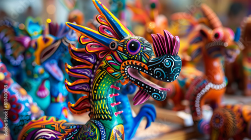 alebrijes hand painted decoratives mexico artisans culture background with copy space.