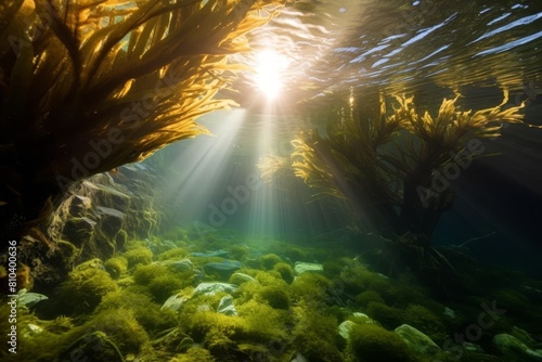 Underwater scene with sunlight streaming through lush vegetation