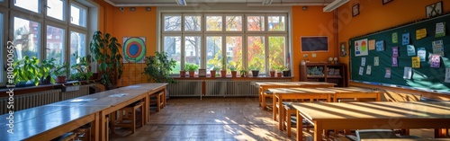 Teacher Shortage in German Schools: Green Classroom Chalkboard with 'Teacher Wanted' Written on It photo