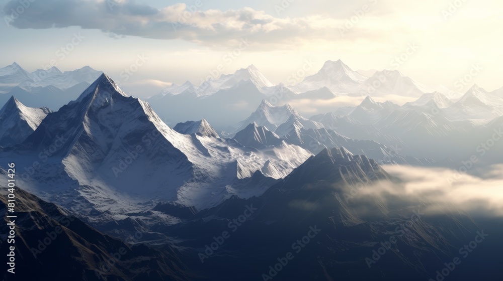 Majestic snow-capped mountain peaks in the clouds Majestic snow-capped mountain peaks in the clouds