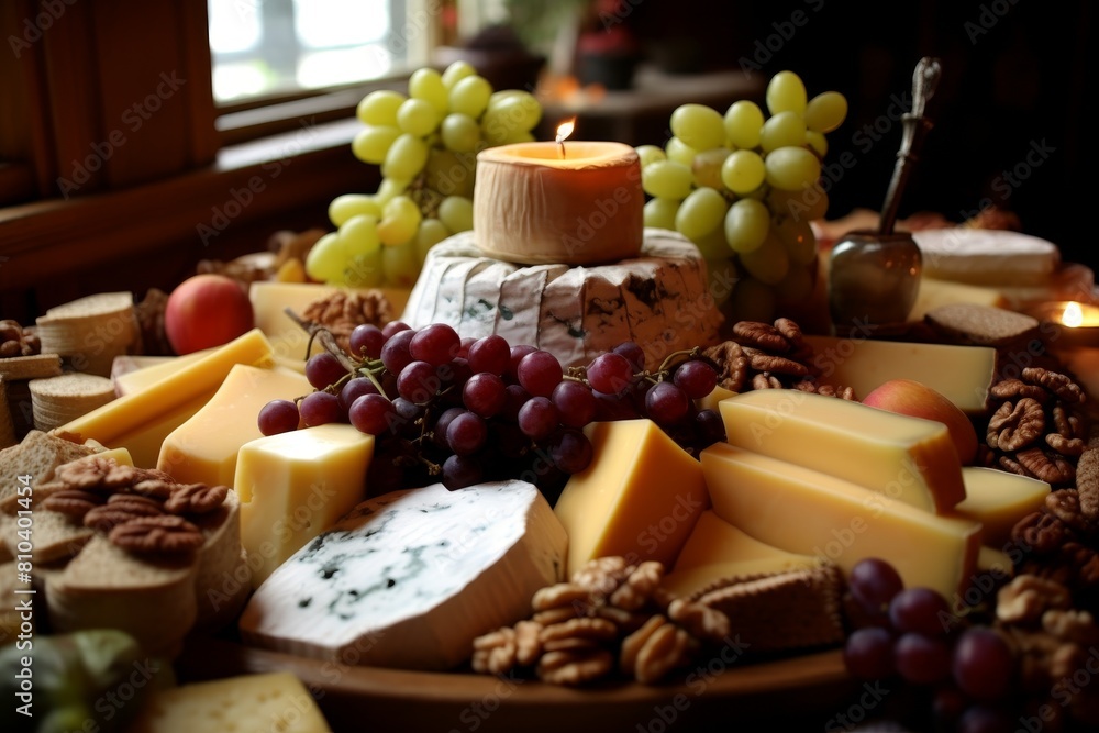 Assorted cheese and fruit platter with candle Assorted cheese and fruit platter with candle