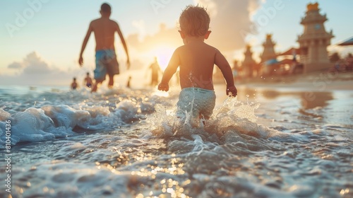 A young child joyfully runs through the shallow ocean waves under a golden sunset while an adult walks ahead, capturing a perfect summer beach day
