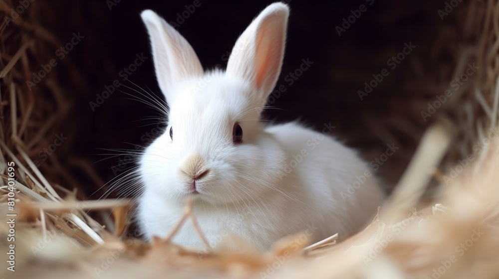 Adorable white rabbit in hay Adorable white rabbit in hay