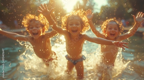 Three joyful children splashing and playing in the water on a sunny day, capturing the essence of carefree summer fun