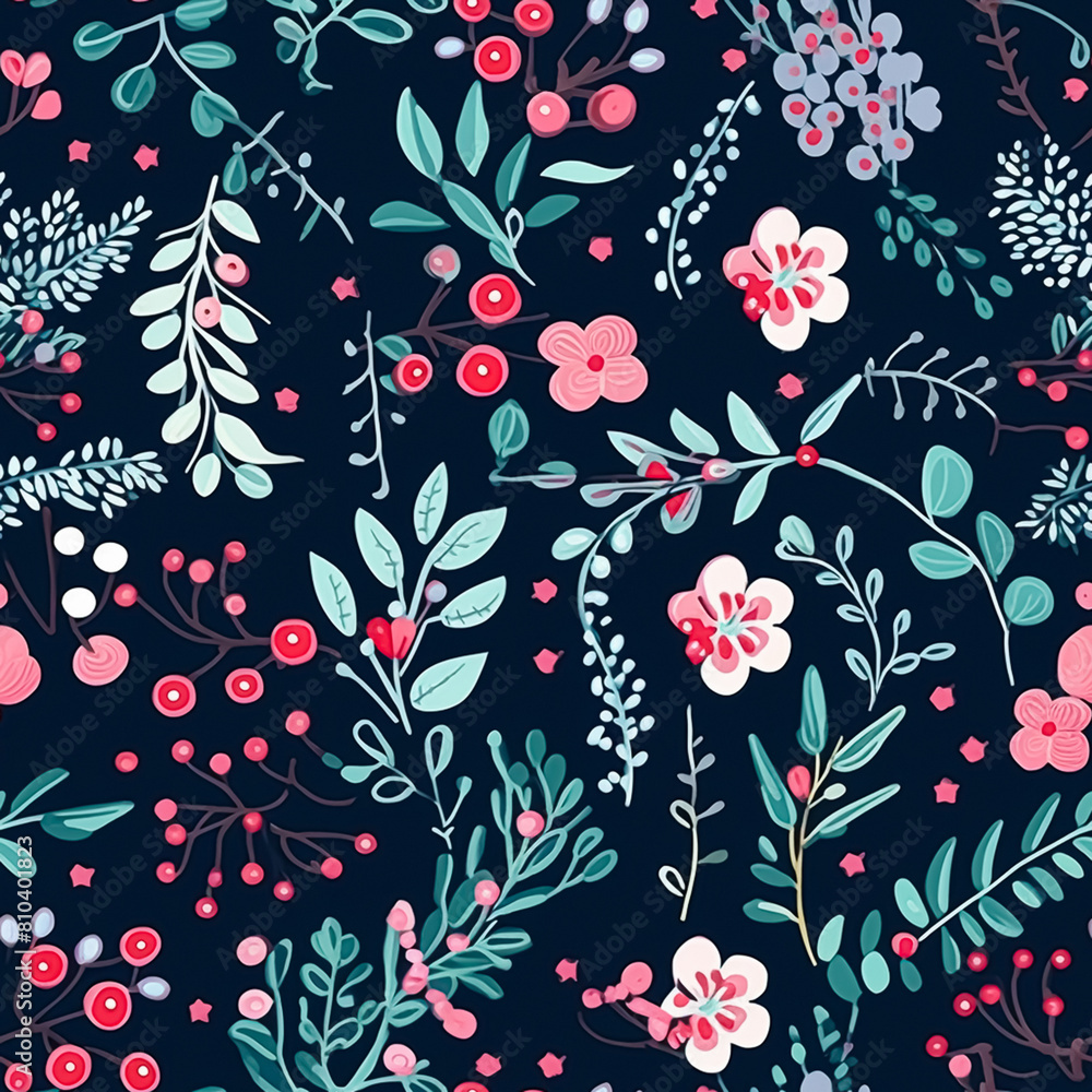 Seamless pattern, tileable modern floral Christmas holiday country print for botanical wallpaper, wrapping paper, scrapbook, fabric and product design idea Seamless pattern, tileable modern floral Christmas holiday country print for botanical wallpaper, wrapping paper, scrapbook, fabric and product design idea