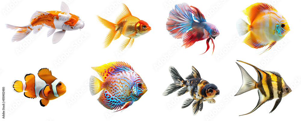 Fototapeta premium Set of Various types of beautiful fish, koi fish, Goldfish, fighting fish, Clownfish, Calico goldfish, Discus Pompadour fish, Angel Fish, isolated on white background, png