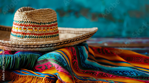 close up mexican sombrero wide brimmed hat on sarape colorful shawl with copy space for Cinco de Mayo background.