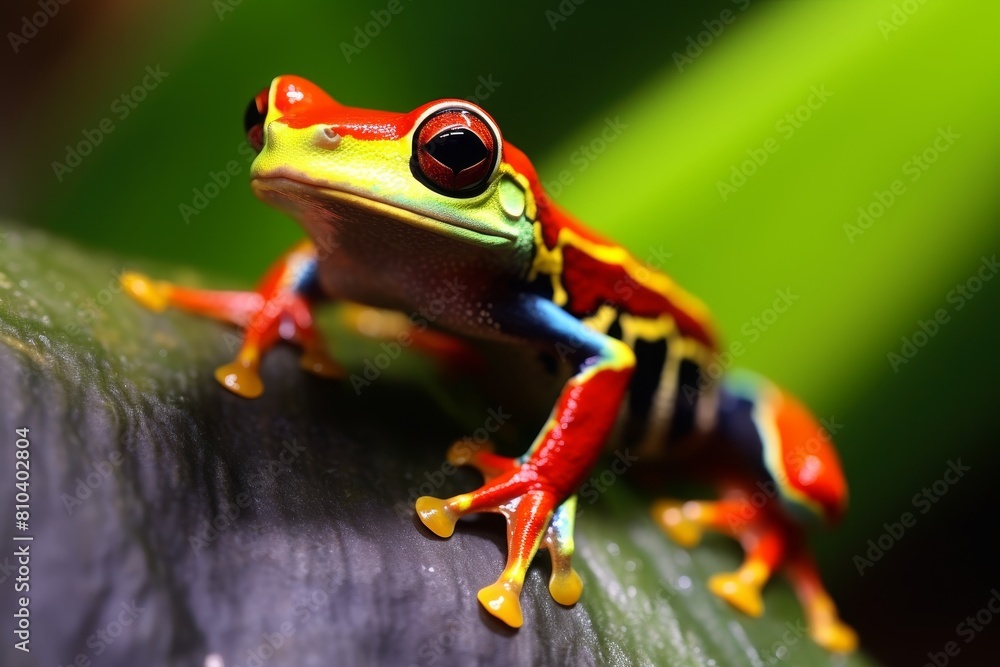 Fototapeta premium Vibrant red and yellow frog on green leaf