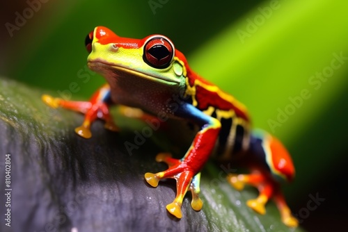 Vibrant red and yellow frog on green leaf