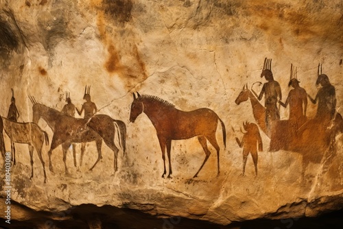 ancient cave painting depicting horses and human figures photo