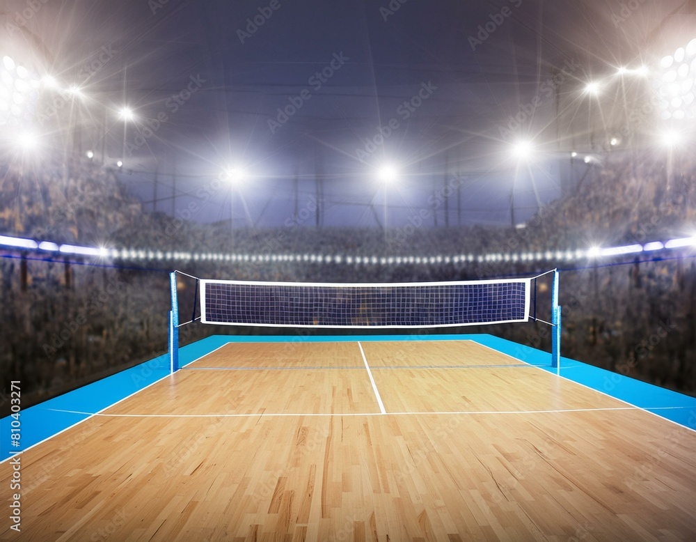 empty professional volleyball court in lights