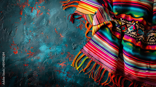 flat lay top view crumpled sarape colorful shawl on grunge background with copy space for Cinco de Mayo.