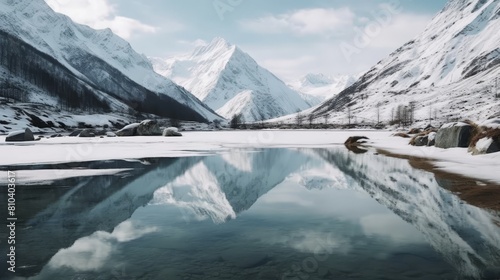Serene snowy mountain landscape reflected in calm lake