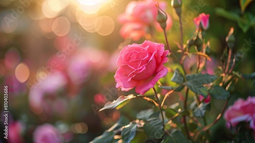 A magnificent red rose blooming splendidly under the golden glow of a sunset, showcasing vibrant petals and delicate details surrounded by soft green foliage photo