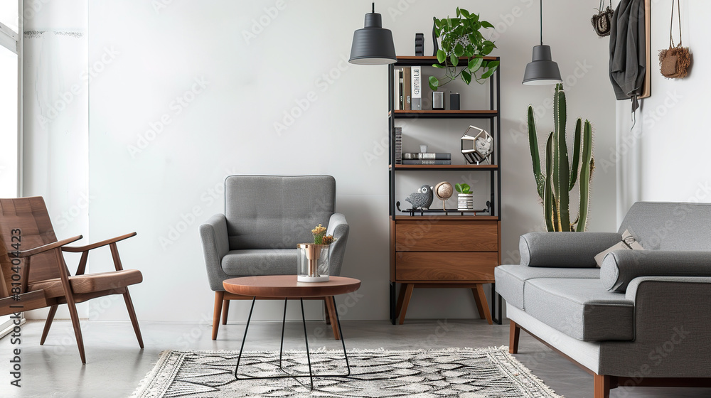 Comfortable grey furniture with wooden shelving unit. Generative Ai
