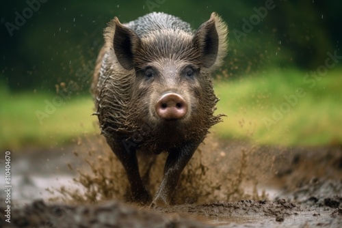Close-up of a muddy wild boar in the rain © Balaraw