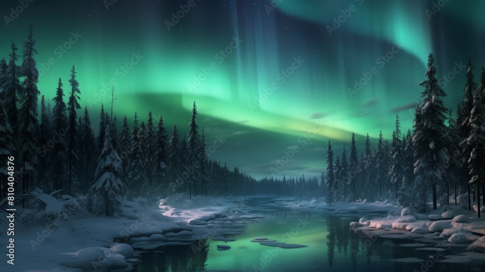 Breathtaking aurora borealis over snowy forest landscape Breathtaking aurora borealis over snowy forest landscape